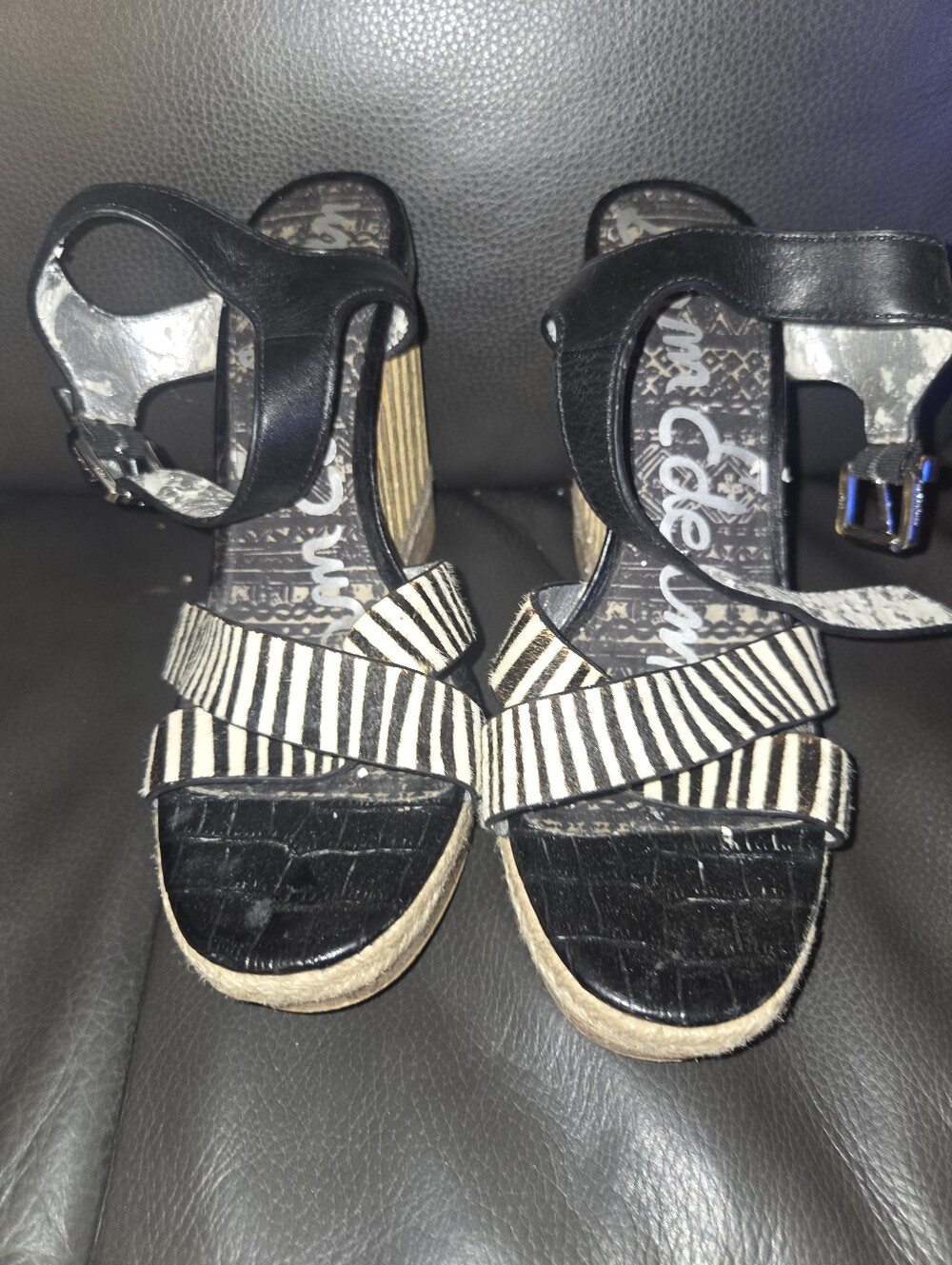 Sam Edelman Black and White Striped Wedge Sandals